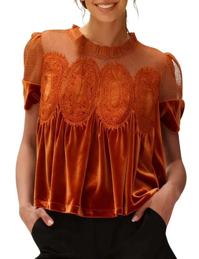 Women's Fashion Mesh Embroidered Crew Neck Pullover Solid Color Top Orange - Shop at LoveMi
