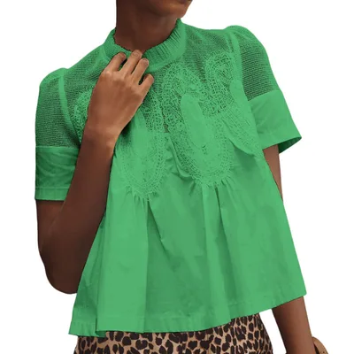 Women's Fashionable Lace trimmed Crew neck Embroidered Solid color Loose Top Green - Shop at LoveMi