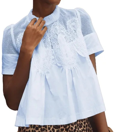 Women's Fashionable Lace trimmed Crew neck Embroidered Solid color Loose Top Light Blue - Shop at LoveMi