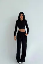 Women's Solid-color Casual Crew-neck Button-up Long-sleeve Top And Trousers - Black