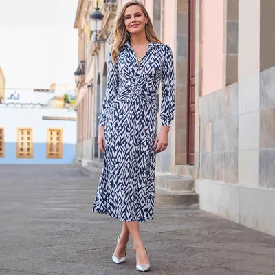 Printed button Knot detail Figure hugging Long sleeve Dress For Fall And Winter Navy Blue - Shop at LoveMi