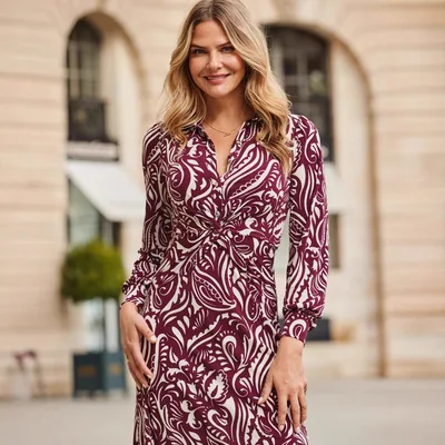 Printed button Knot detail Figure hugging Long sleeve Dress For Fall And Winter Wine Red - Shop at LoveMi