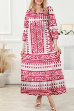 Women's Casual Loose Geometric Print Puff Sleeve Dress - Red