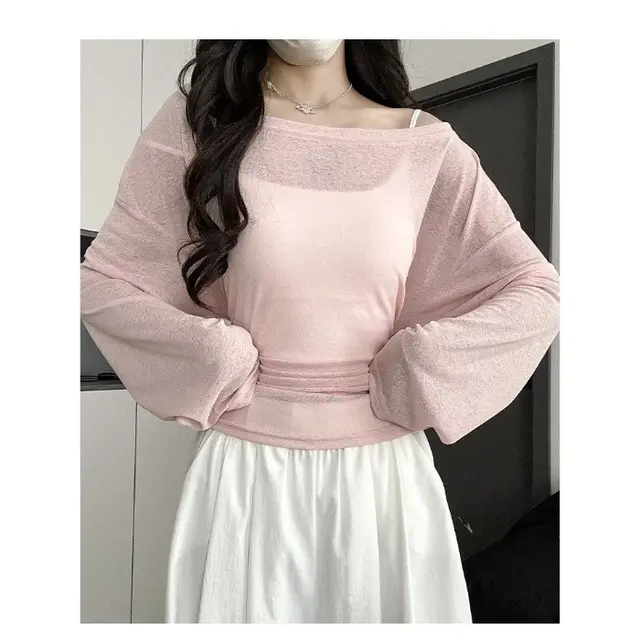 Outerwear Slightly Sheer Air conditioning T shirt With A Fitted Waist And Off the shoulder Design Pink - Shop at LoveMi