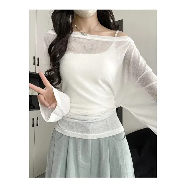 Outerwear Slightly Sheer Air conditioning T shirt With A Fitted Waist And Off the shoulder Design White - Shop at LoveMi