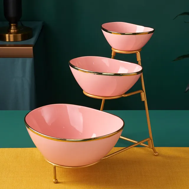 Light luxury Ceramic Ingot shaped Fruit Tray Three tiered For Home And Office Use Gold trimmed Fruit Bowl Pink Metal Frame - Shop at LoveMi