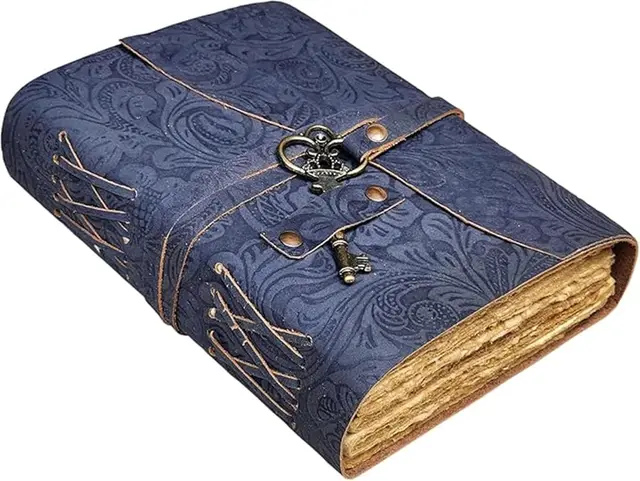 Embossed Floral Pattern Water Buffalo Leather Vintage Notebook Blue - Shop at LoveMi