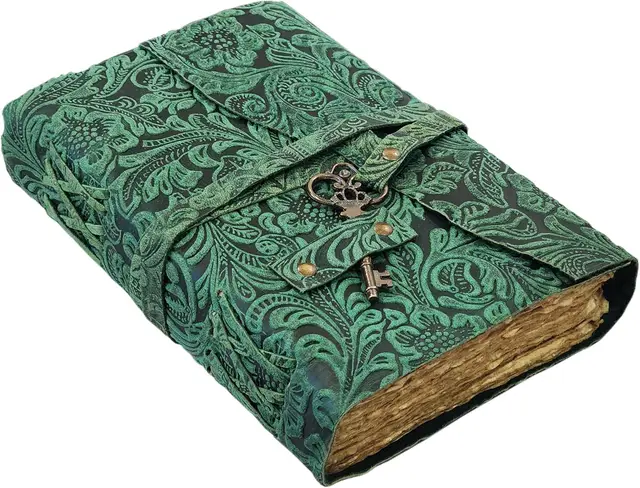 Embossed Floral Pattern Water Buffalo Leather Vintage Notebook Green - Shop at LoveMi