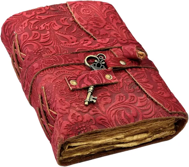 Embossed Floral Pattern Water Buffalo Leather Vintage Notebook Red - Shop at LoveMi