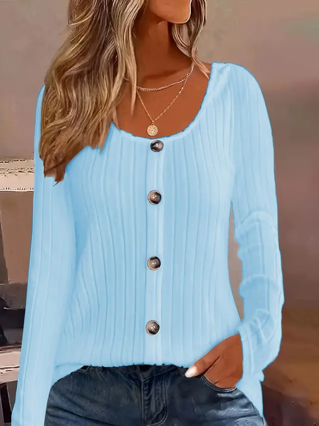 Ribbed Crew Neck Button down Casual Long Sleeve Light Blue - Shop at LoveMi