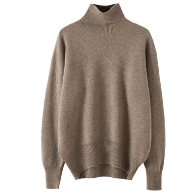 Women's High neck Pure Wool Sweater Extra thick Cashmere Raw Velvet Camel - Shop at LoveMi