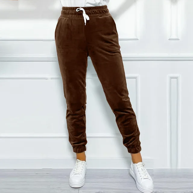 Versatile Women's Jogger Pants With Elastic Waistband And Drawstring, Korean style Velvet Casual Pants, Sportswear Brown - Shop at LoveMi