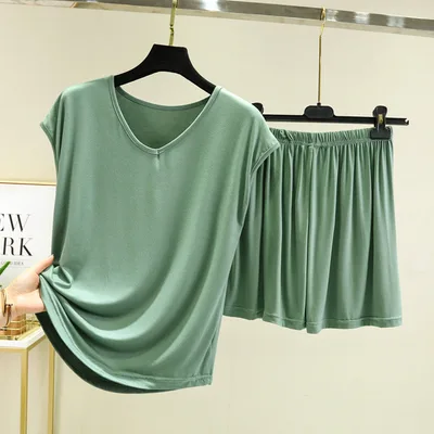 Summer Inner layer V neck Sleeveless T shirt And Loose fitting Pajama Pants Two piece Set Matcha L - Shop at LoveMi