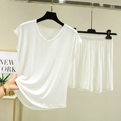 Summer Inner layer V neck Sleeveless T shirt And Loose fitting Pajama Pants Two piece Set White - Shop at LoveMi