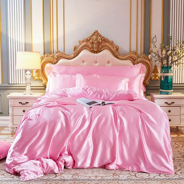 Satin look Silk Bedding Three piece Set Cherry Blossom Powder - Shop at LoveMi