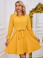 Elegant Red Women's Shirt Dress Solid Color - Yellow