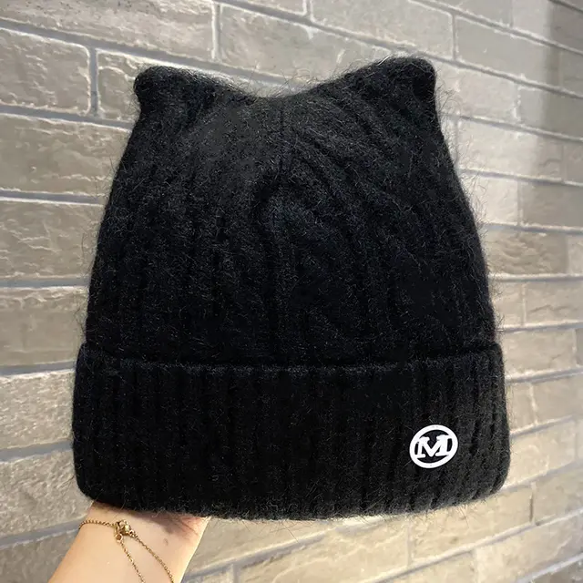 Cute Cat ear Knitted Wool Warm Hat Versatile Face slimming Black - Shop at LoveMi