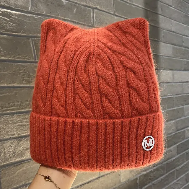 Cute Cat ear Knitted Wool Warm Hat Versatile Face slimming Brick Red - Shop at LoveMi