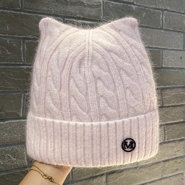 Cute Cat ear Knitted Wool Warm Hat Versatile Face slimming Light Pink - Shop at LoveMi