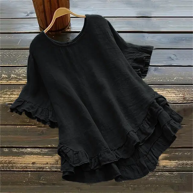 Arrival Solid color Cotton linen Loose fit Round neck Blouse With Ruffled Hem Black - Shop at LoveMi