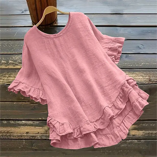 Arrival Solid color Cotton linen Loose fit Round neck Blouse With Ruffled Hem Lotus Pink - Shop at LoveMi