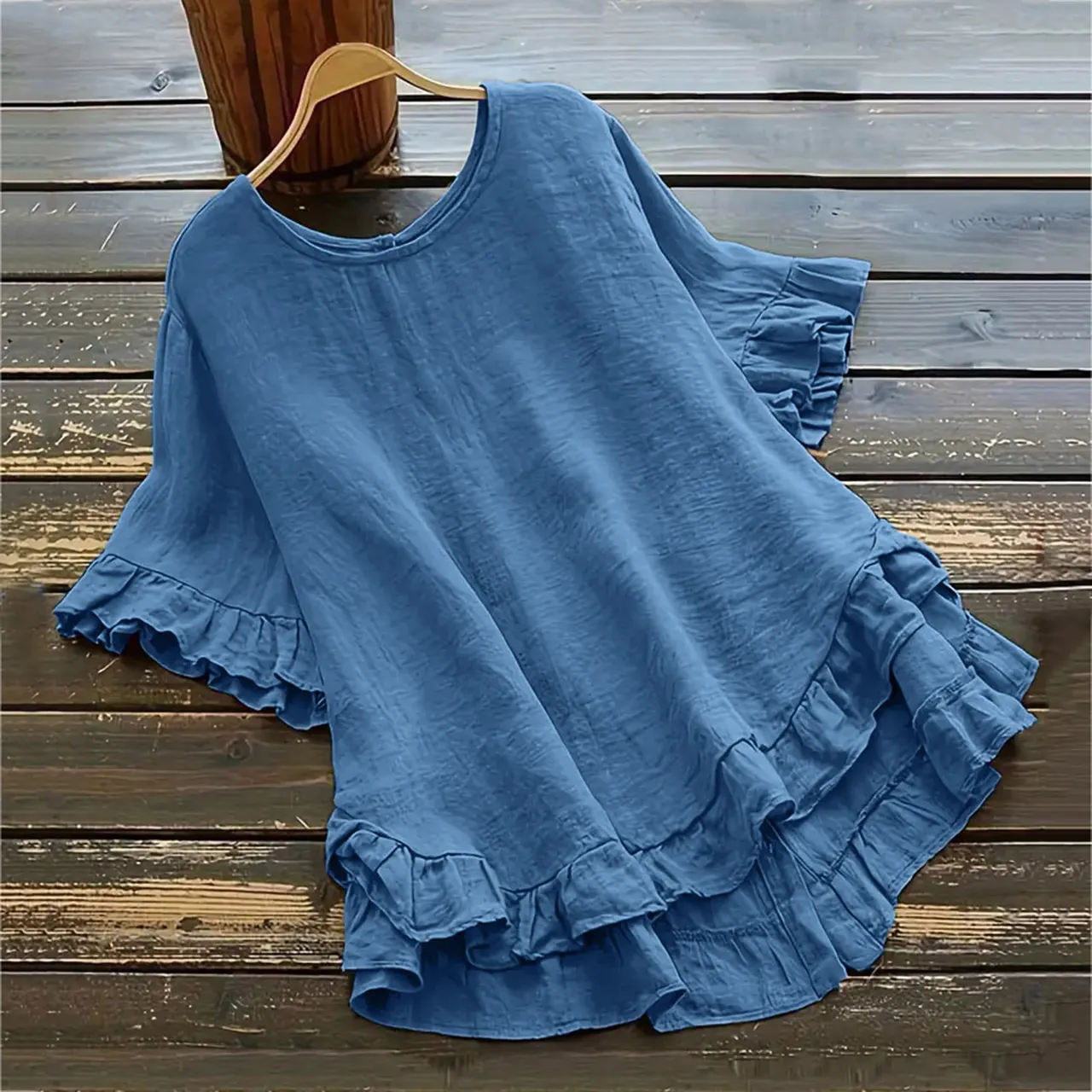 Arrival Solid-color Cotton-linen Loose-fit Round-neck Blouse With Ruffled Hem - Sapphire Blue