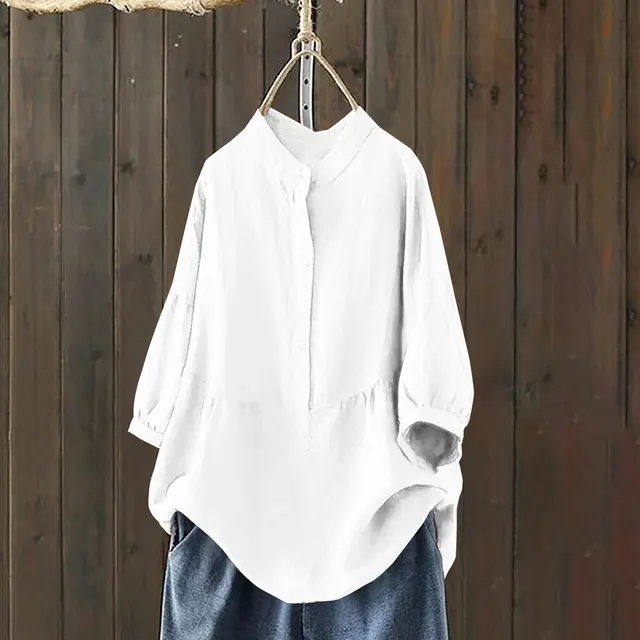 Mandarin collar Single breasted Traditional style Solid color Long sleeve Pullover Shirt White - Shop at LoveMi