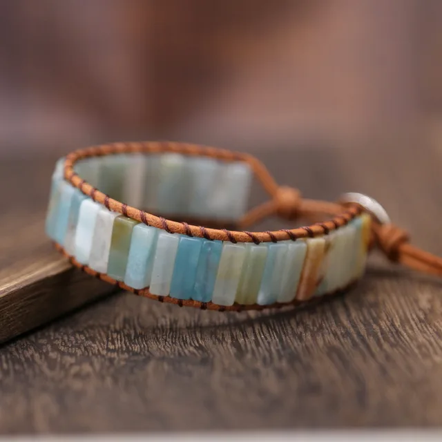 Hand woven Leather Bracelet With Tourmaline Stones Green - Shop at LoveMi