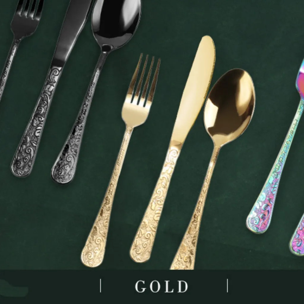 Minimalist Home Use Stainless Steel Embossed Knife Fork And Spoon Set - Gold