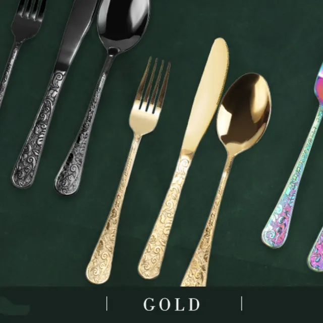 Minimalist Home Use Stainless Steel Embossed Knife Fork And Spoon Set Gold - Shop at LoveMi