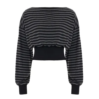 Retro Striped Cropped Top With A Cinched Waist Designslimming And Navel baring Black - Shop at LoveMi