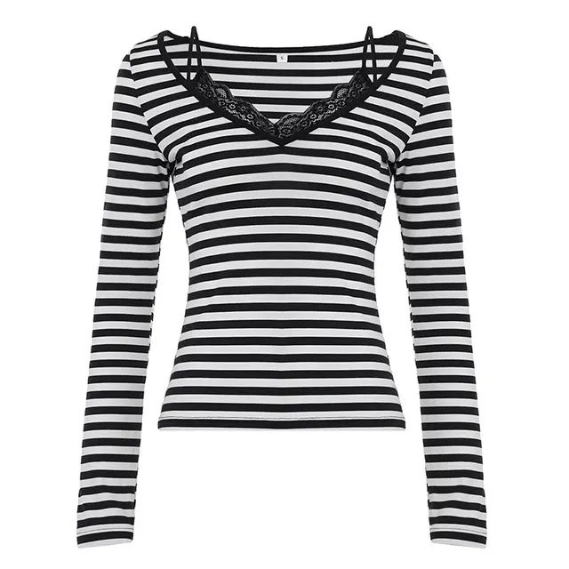 American style Lace spliced Strap Top With A Faux Two piece Slim fit Long Sleeves Black And White - Shop at LoveMi