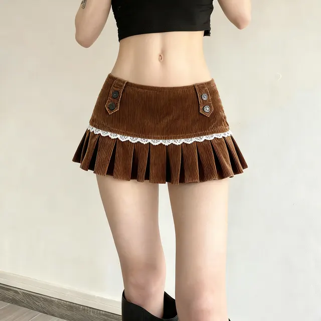 Pastoral style Delicate Floral Lace patched Corduroy Skirt For Sweet Girls Brown - Shop at LoveMi