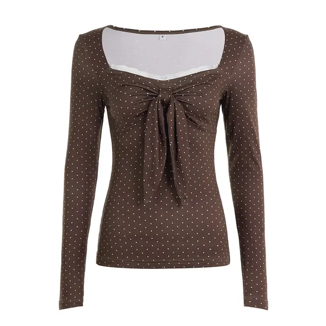Cute Polka Dot Retro Elegant Slim Fit Base Top For Women Brown - Shop at LoveMi