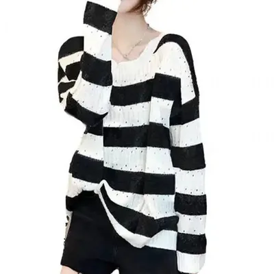 Women's Plus Size Winter Knitted Sweater Black And White Stripes - Shop at LoveMi