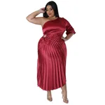 Fashionable And Sexy Off-the-shoulder Drawstring Pleated Dress - Wine