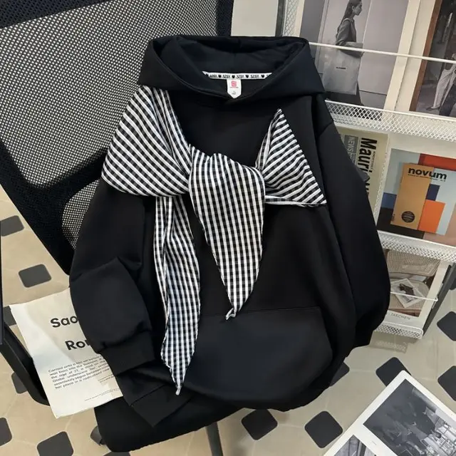 Bow knot Plaid Strap Hoodie Women's Top Black - Shop at LoveMi