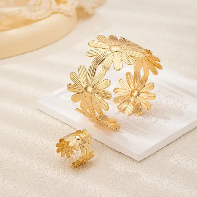 Elegant Natural And Fresh Open Bracelet With Flower Design Adjustable 1 Golden Pattern - Shop at LoveMi