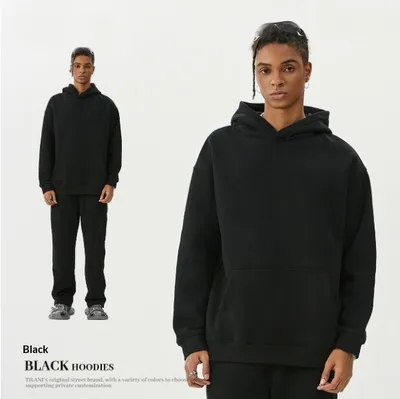 American style Trendy Brand Fleece lined Extra thick Hoodie And Sweatpants Tracksuit Set Black - Shop at LoveMi
