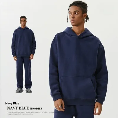 American style Trendy Brand Fleece lined Extra thick Hoodie And Sweatpants Tracksuit Set Navy - Shop at LoveMi