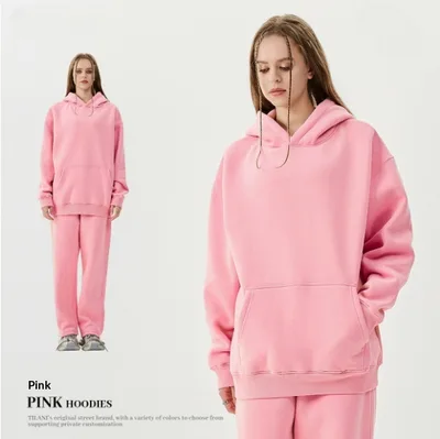 American style Trendy Brand Fleece lined Extra thick Hoodie And Sweatpants Tracksuit Set Pink - Shop at LoveMi