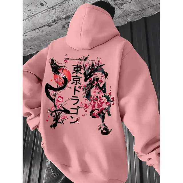 Japanese style Pattern Hoodie, Light Gray Pullover Pinkcolor - Shop at LoveMi