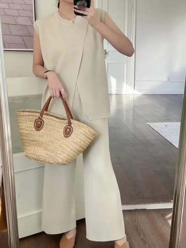 Sleeveless Crew Neck Slim Fit Striped Knit Top And Wide Leg Pants Set Apricot - Shop at LoveMi