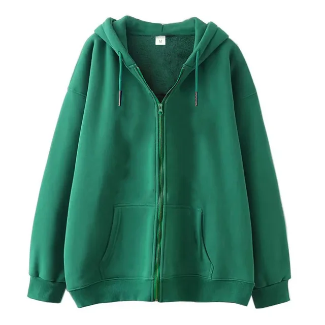 Full zip Hoodie With Fleece lined Solid color Sweatshirt Dark Green - Shop at LoveMi