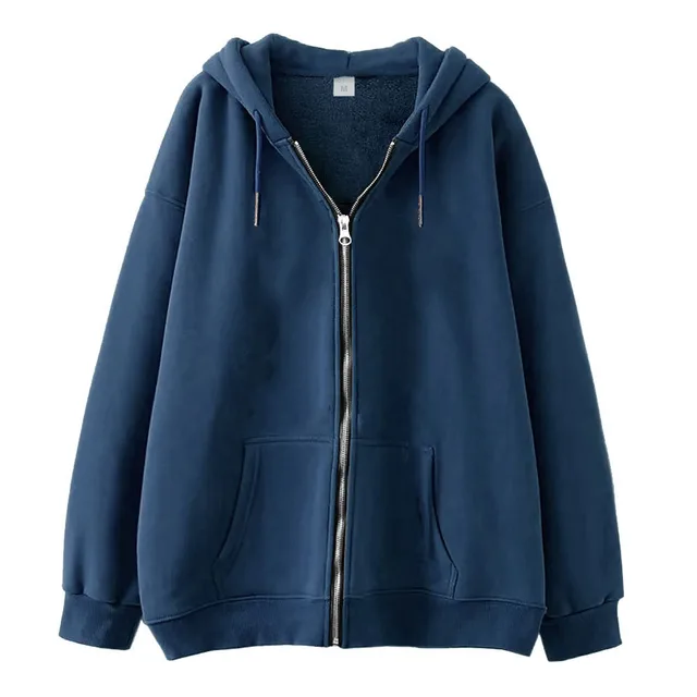 Full zip Hoodie With Fleece lined Solid color Sweatshirt Navy Blue - Shop at LoveMi