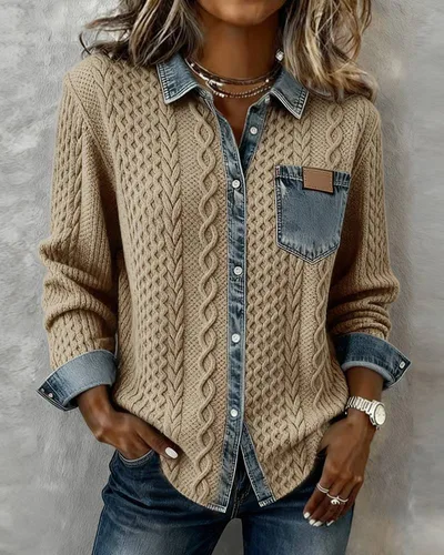Women's Fashion Knit and jean Patchwork Shirt For Fall And Winter Camel - Shop at LoveMi