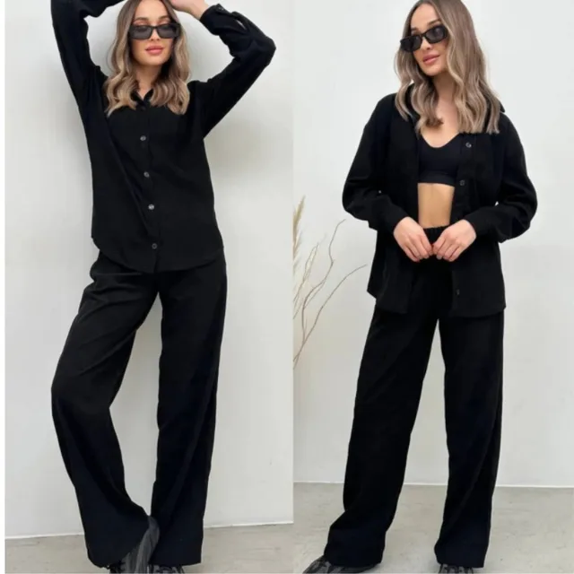 Casual Long sleeve Top And Elastic waist Pants Two piece Set A803 Black - Shop at LoveMi