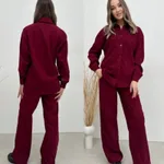 Casual Long-sleeve Top And Elastic-waist Pants Two-piece Set - Wine