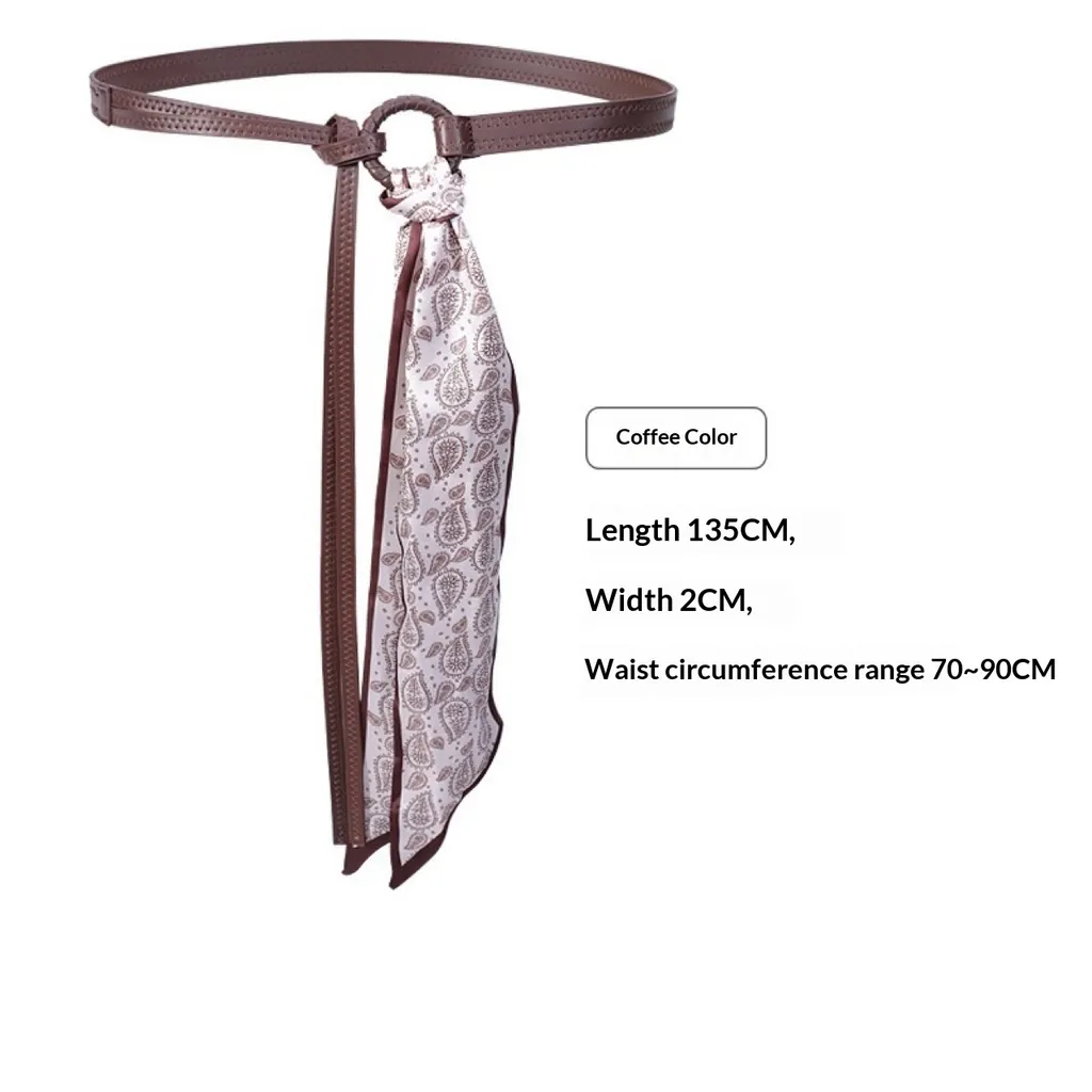Scarf Belt Accessories For Wome Silk Ribbon Waist Chain Leather - Coffee Color