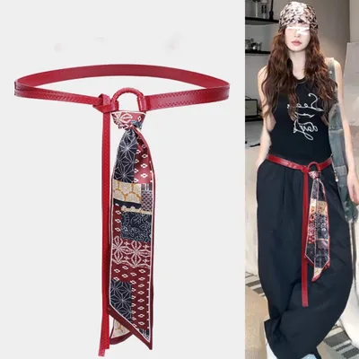 Scarf Belt Accessories For Wome Silk Ribbon Waist Chain Leather Red - Shop at LoveMi